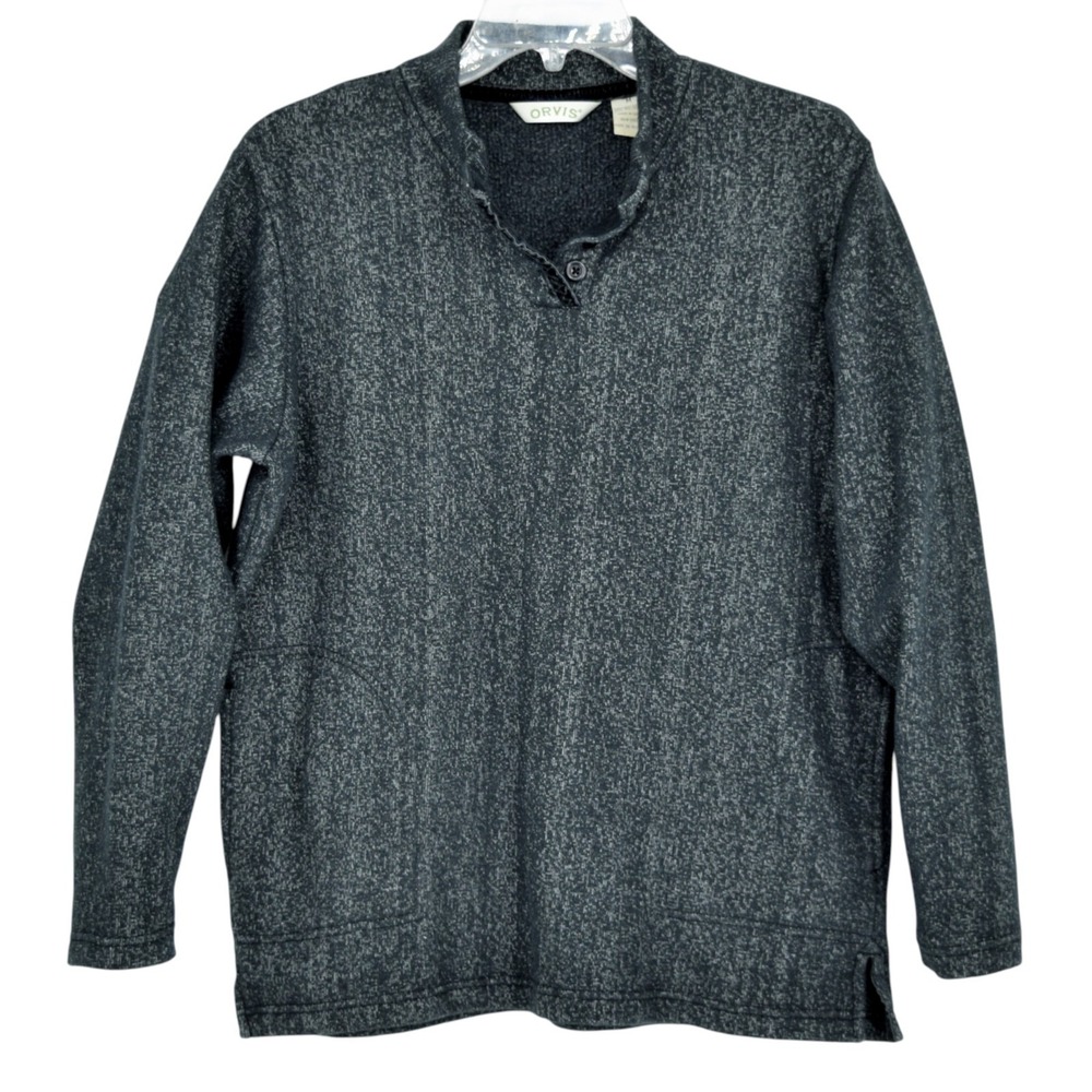Orvis Men's Medium Gray Heathered Mock Neck Henley Pullover Sweater & Pockets
